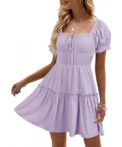 Womens Boho Floral Smocked Square Neck Short Sleeve Ruffle Beach Summer Mini Dress Lavender $17.19 Dresses